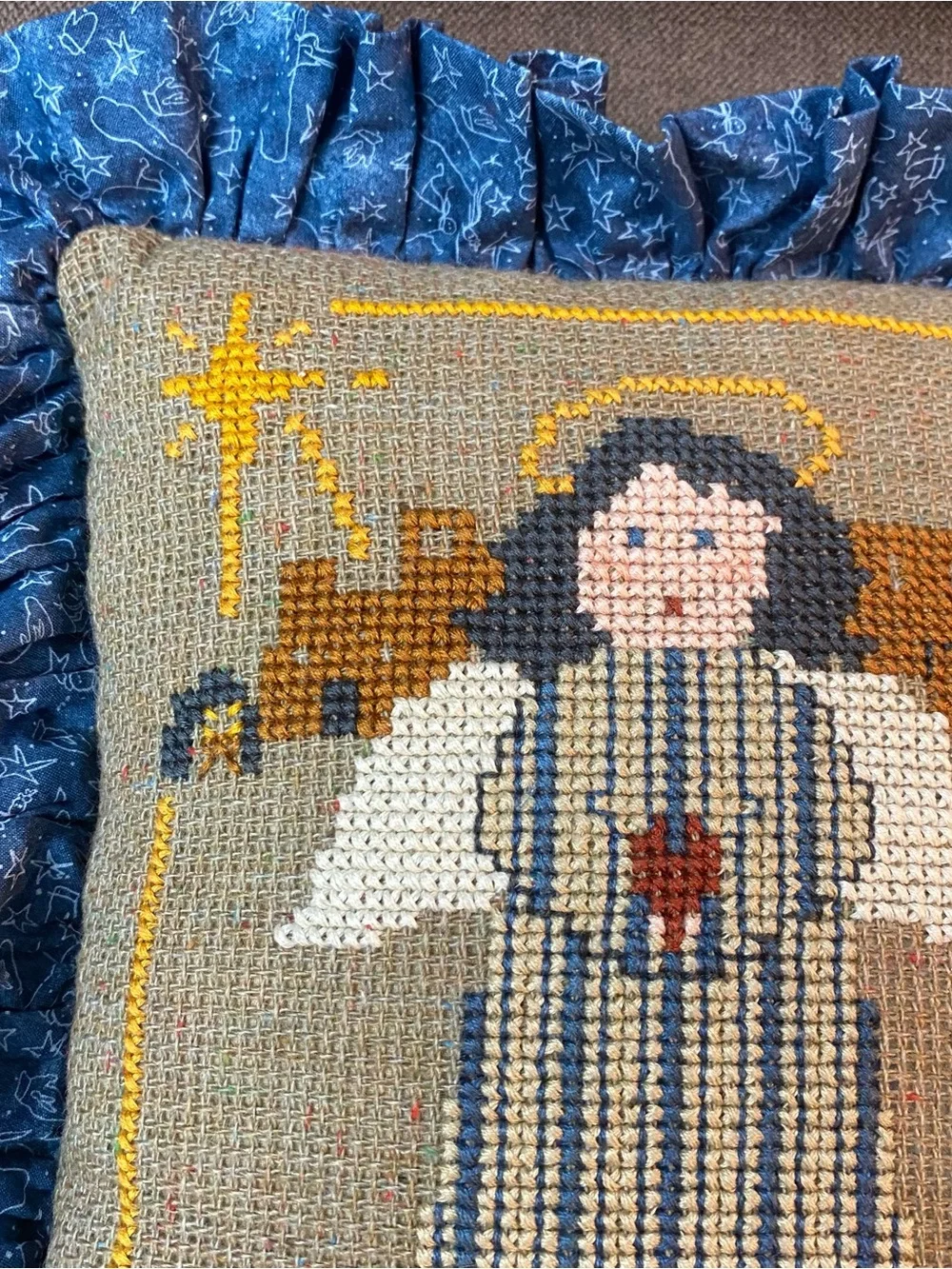Handmade Needlepoint Blue Angel 'O Holy Night' Holiday Decorative Pillow